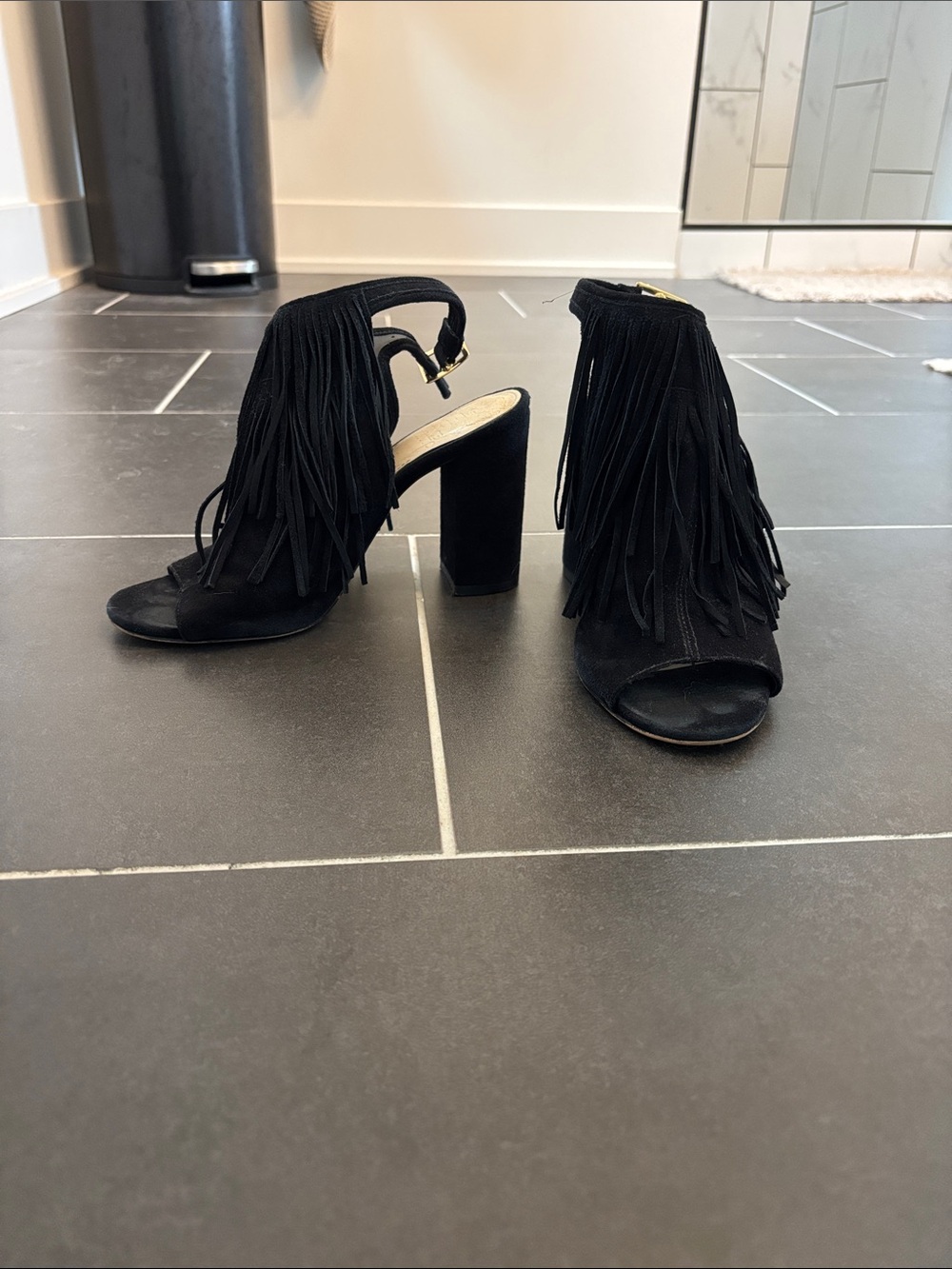 Vince Camuto Black Fringe Open-Toe Block Heel Sandals